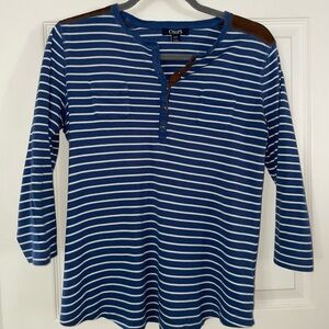 Chaps Blue and White Striped Womens Henley with Brown Accent Large